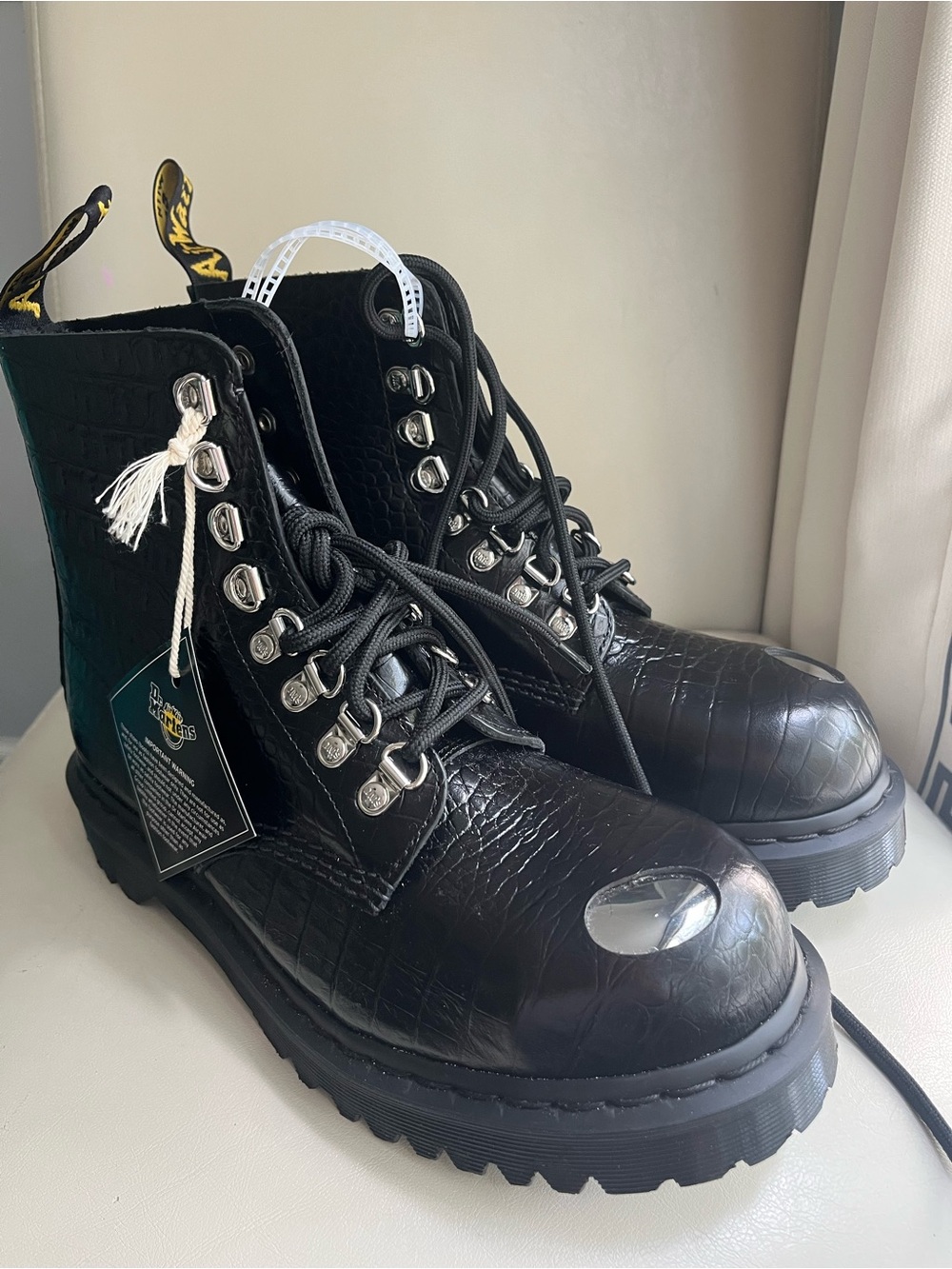Dr. Martens Black Croc-Embossed Lace-Up Platform Boots steel toe